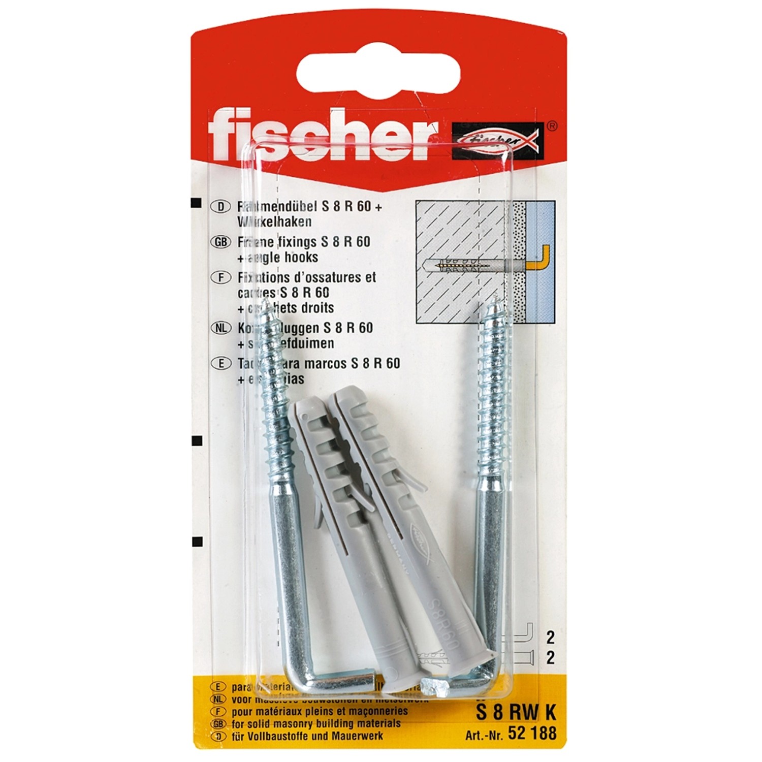 Fischer Langschaftdübel S 8 RW K mit Winkelhaken, 2er-Set, für sichere Befestigungen.
