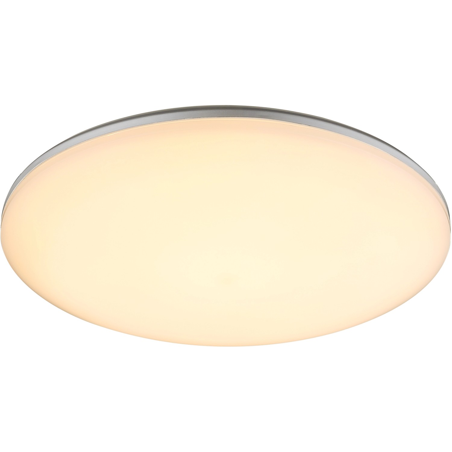 Runde LED Deckenleuchte DORI in Silber und Weiß für Bad und Außenbereich.