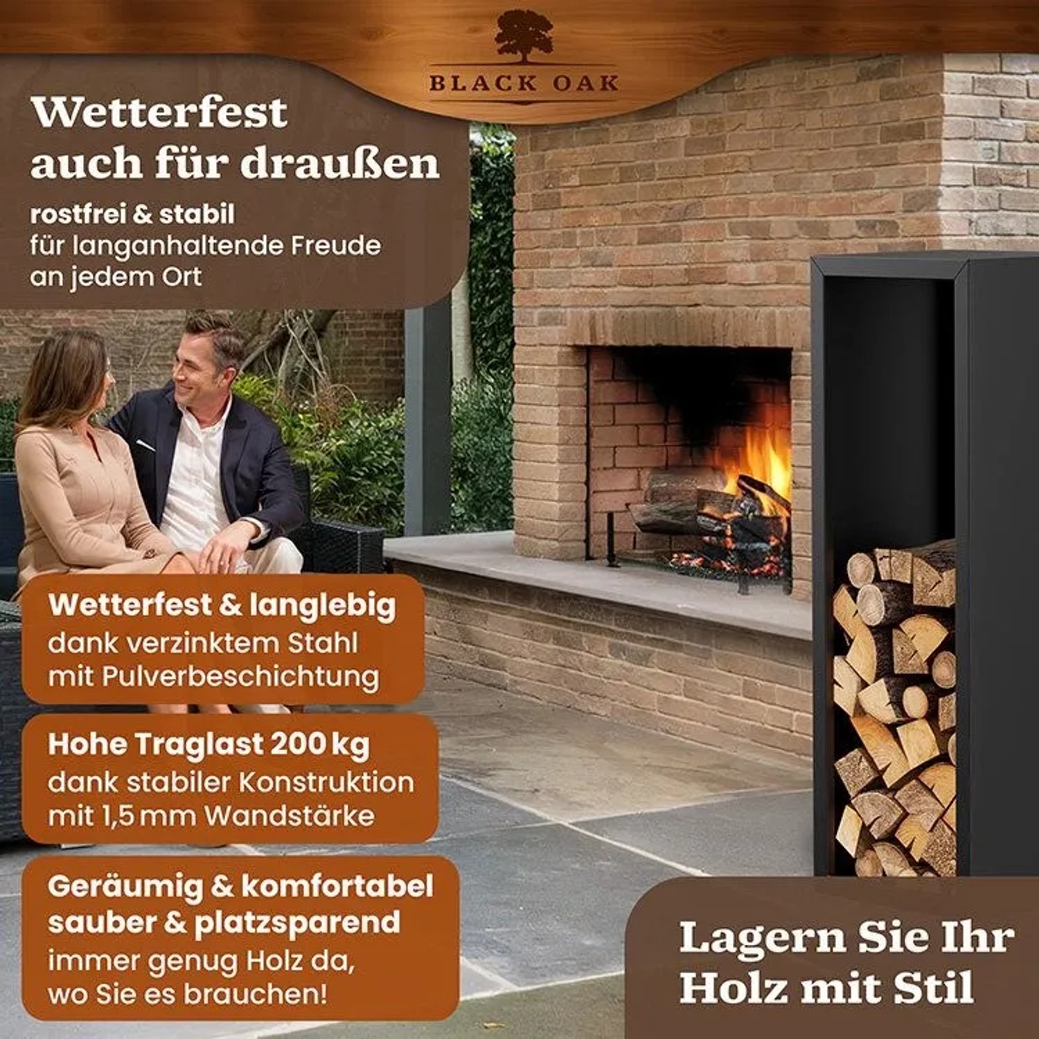 Modernes Kaminholzregal YELLOWSTONE von BLACK OAK aus pulverbeschichtetem Stahl für den Innenbereich.