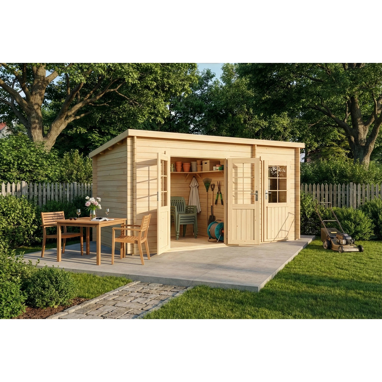 Alpholz Gartenhaus Maria-28 aus Holz, 450x250 cm, mit Doppeltür und Geräteschuppen.