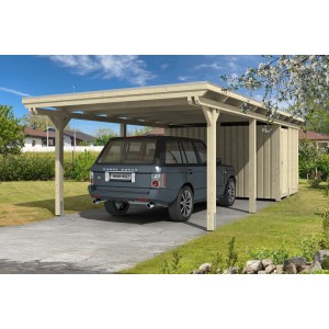 Skan Holz Einzelcarport Emsland mit Abstellraum und Auto. Holzkonstruktion mit Flachdach.