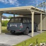 Skan Holz Einzelcarport Emsland mit Abstellraum und Auto. Holzkonstruktion mit Flachdach.