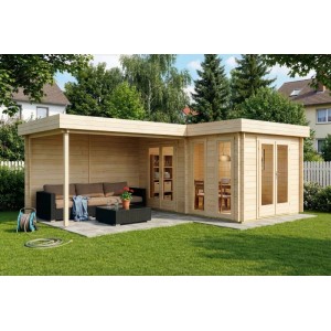 Carlsson Gartenhaus Quinta mit Flachdach, unbehandelt, mit überdachter Terrasse und Gartenmöbeln.