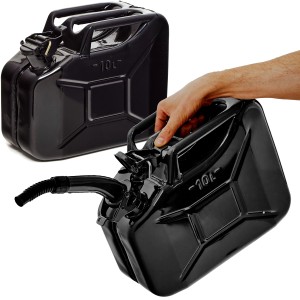 Schwarze 10L Metall Kraftstoffkanister mit Ausgießer, ideal als Reservekanister für Pannenhilfe.