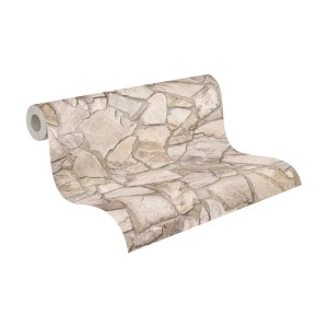A.S. Création Vliestapete mit Bruchsteinmauer Design in Beige und Grau.