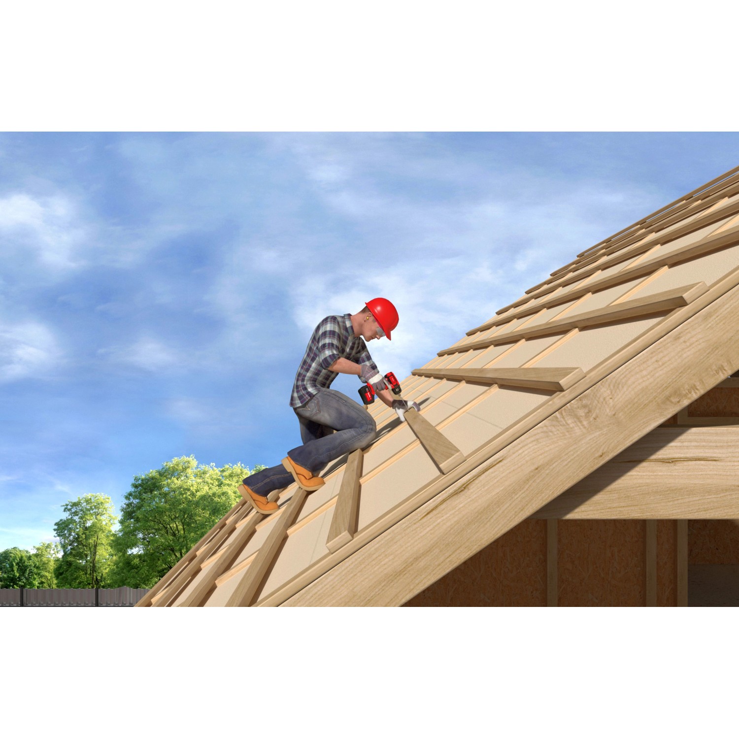 Handwerker befestigt Holz mit Fischer Holzschrauben auf einem Dachstuhl.
