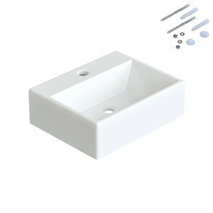 Rechteckiges, weißes Aquabatos Aufsatzwaschbecken aus Keramik mit Hahnloch und Befestigungsmaterial.