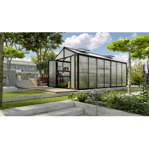 Vitavia Gewächshaus Zeus Comfort 13800, schwarzer Rahmen, 13,8 m², mit Doppeltür im Garten.