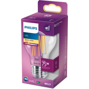 Philips LED E27 Leuchtmittel in Glühlampenform, 8,5W, warmweiß, in lila Verpackung.