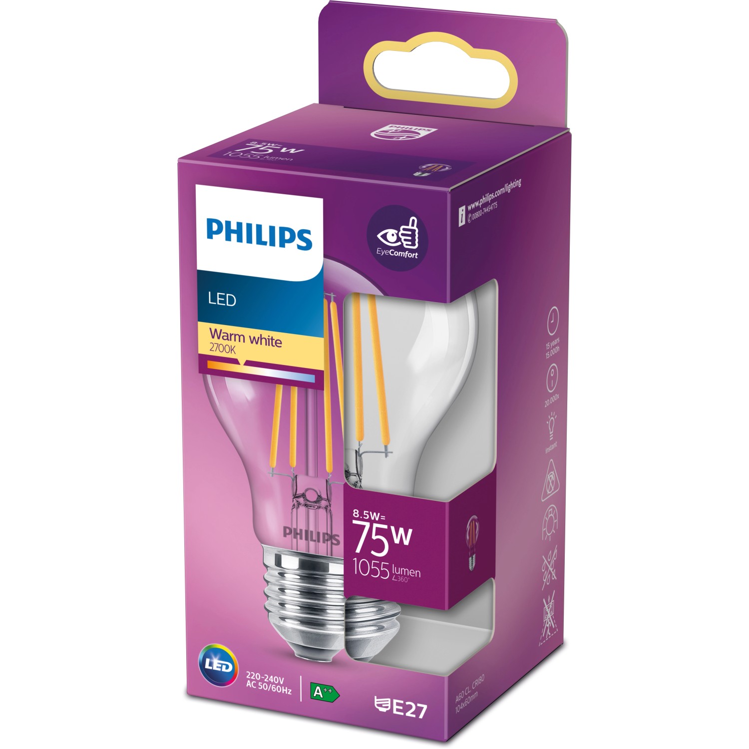 Philips LED E27 Leuchtmittel in Glühlampenform, 8,5W, warmweiß, in lila Verpackung.
