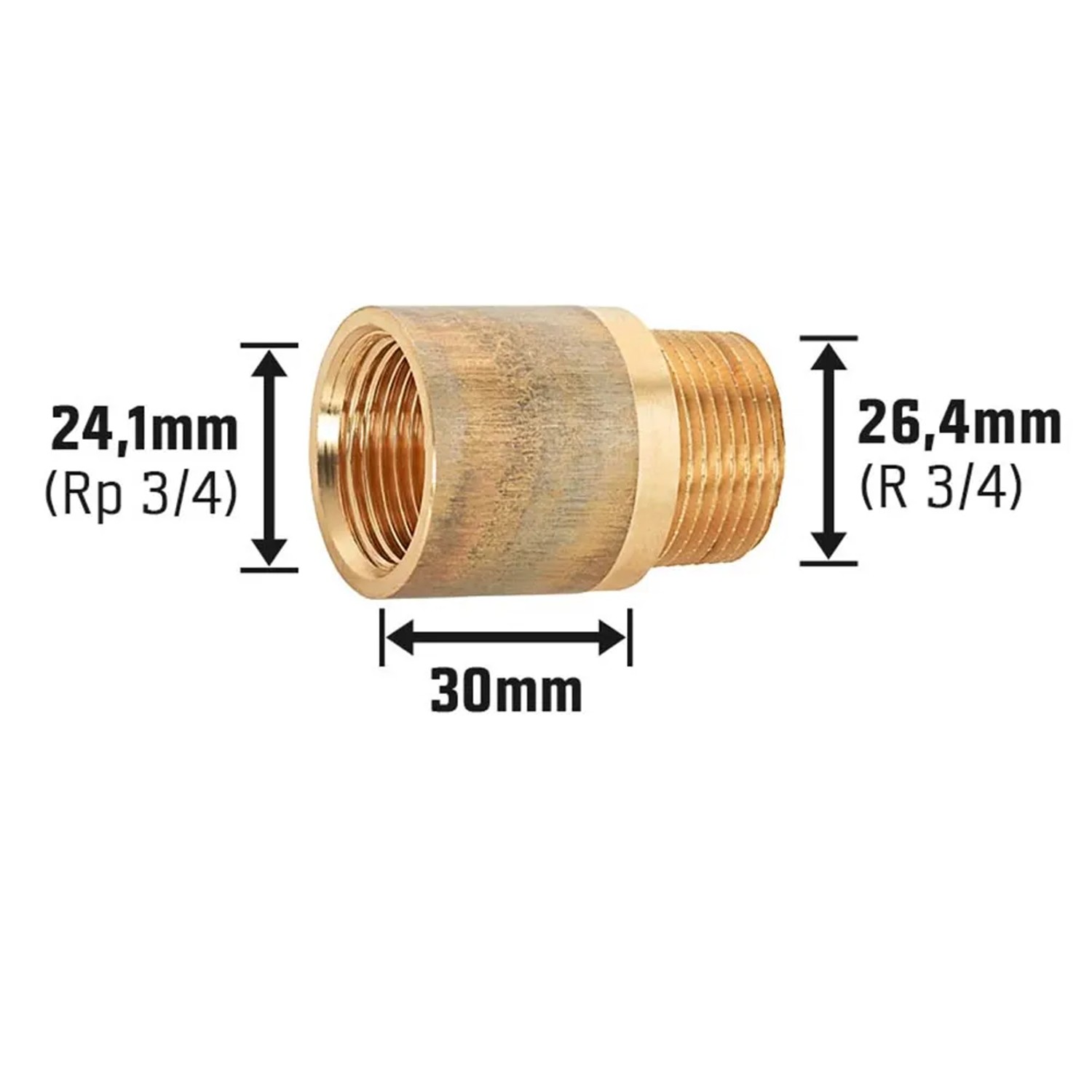 Hahnverlängerung aus Rotguss, 24,1 mm x 26,4 mm, 30 mm lang, für Gewindefittings.