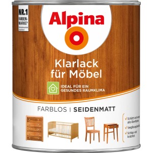 Dose Alpina Klarlack für Möbel, transparent, seidenmatt. Geeignet für Tisch, Stuhl, Schrank.