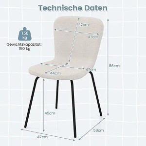 Beiger Esszimmerstuhl mit ergonomischer Rückenlehne und Metallrahmen. Detaillierte Maße und 150 kg Gewichtskapazität.
