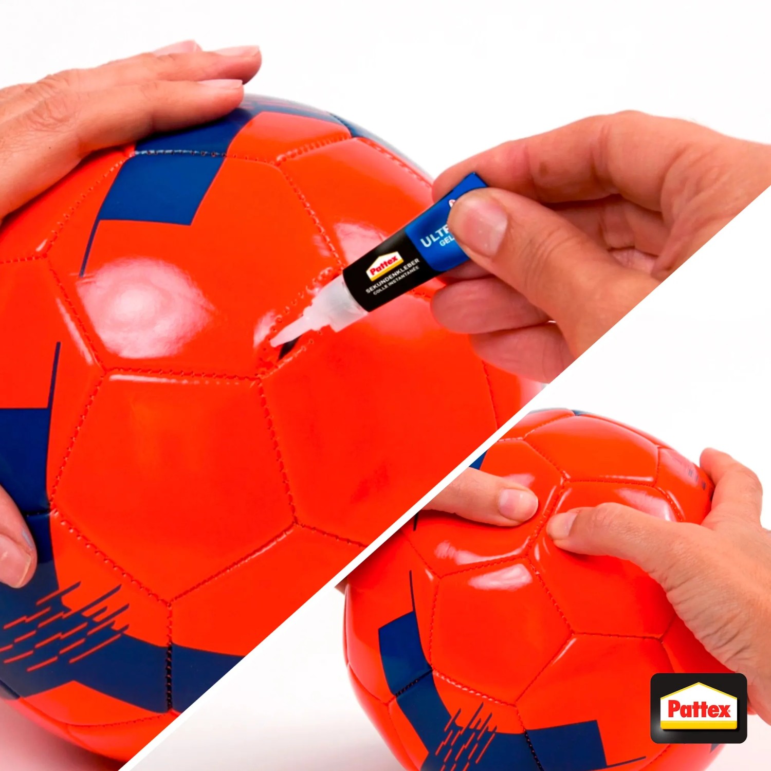 Pattex Sekundenkleber Ultra Gel beim Kleben eines orange-blauen Balls.