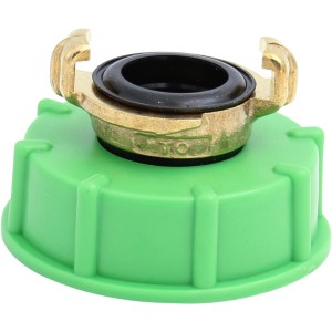 SK-Adapter 20 mm für IBC-Regentonne, grüner Kunststoff mit Messing-Schnellkupplung.