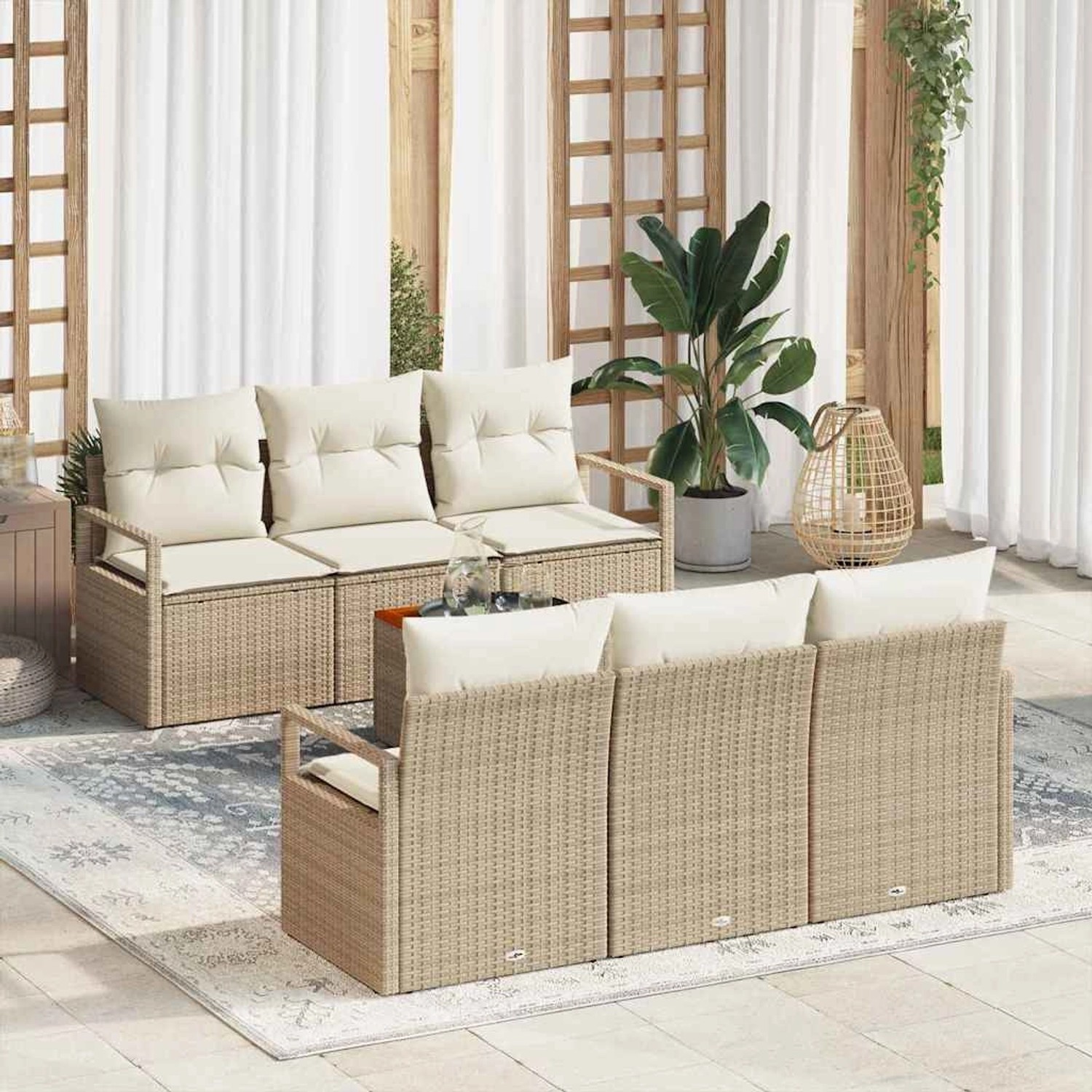 vidaXL Garten-Sofa-Set mit Kissen 7-Tlg Beige Poly Rattan 3347652 günstig online kaufen