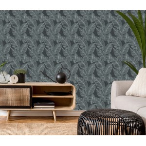 Erismann Vliestapete Paradisio 2 mit Blattmotiv in Grau, passend zum Jungle-Chic-Stil.