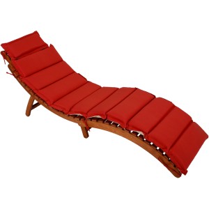 Faltbare Sonnenliege Nassau aus Eukalyptusholz mit rot-beiger Auflage.
