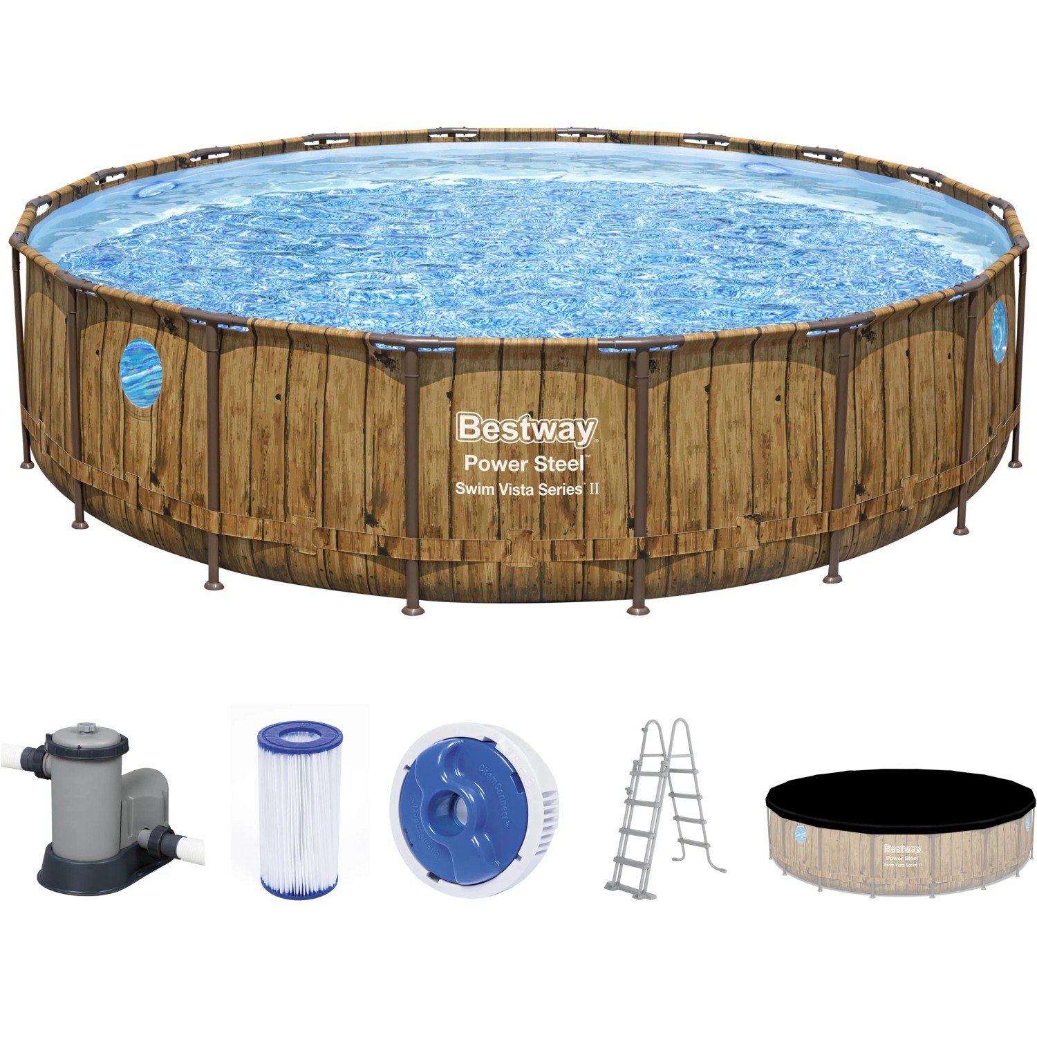 Bestway Stahlrahmenpool Set Power Steel Swim Vista, Ø 549 cm, braun, mit Zubehör wie Leiter und Filterpumpe.