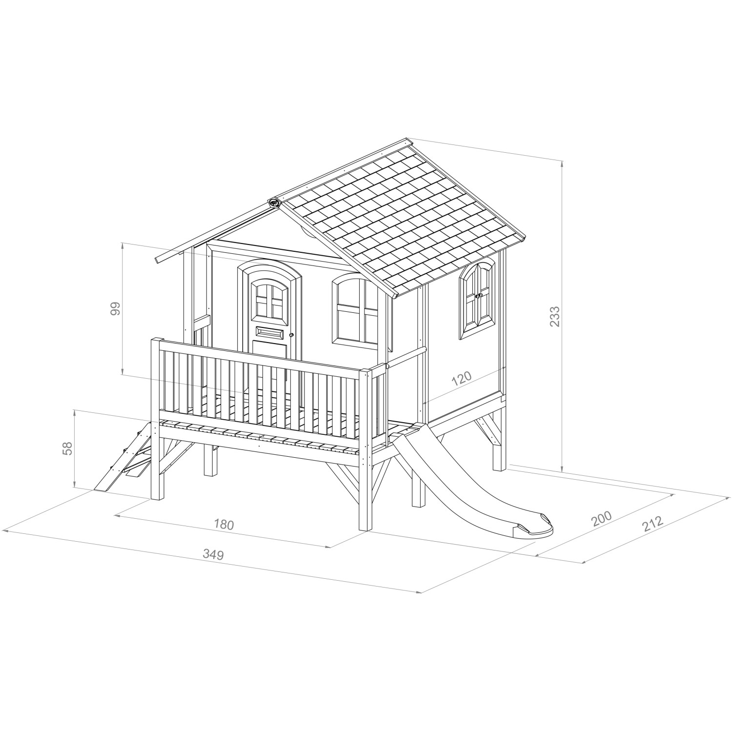 Detaillierte Skizze: Axi Stef Spielhaus mit Rutsche, Maße und Details für den Aufbau.