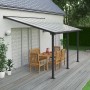 Moderne Palram Olympia Terrassenüberdachung 3x4.3 in Anthrazit mit klarem Dach und Sitzgruppe auf Terrasse.