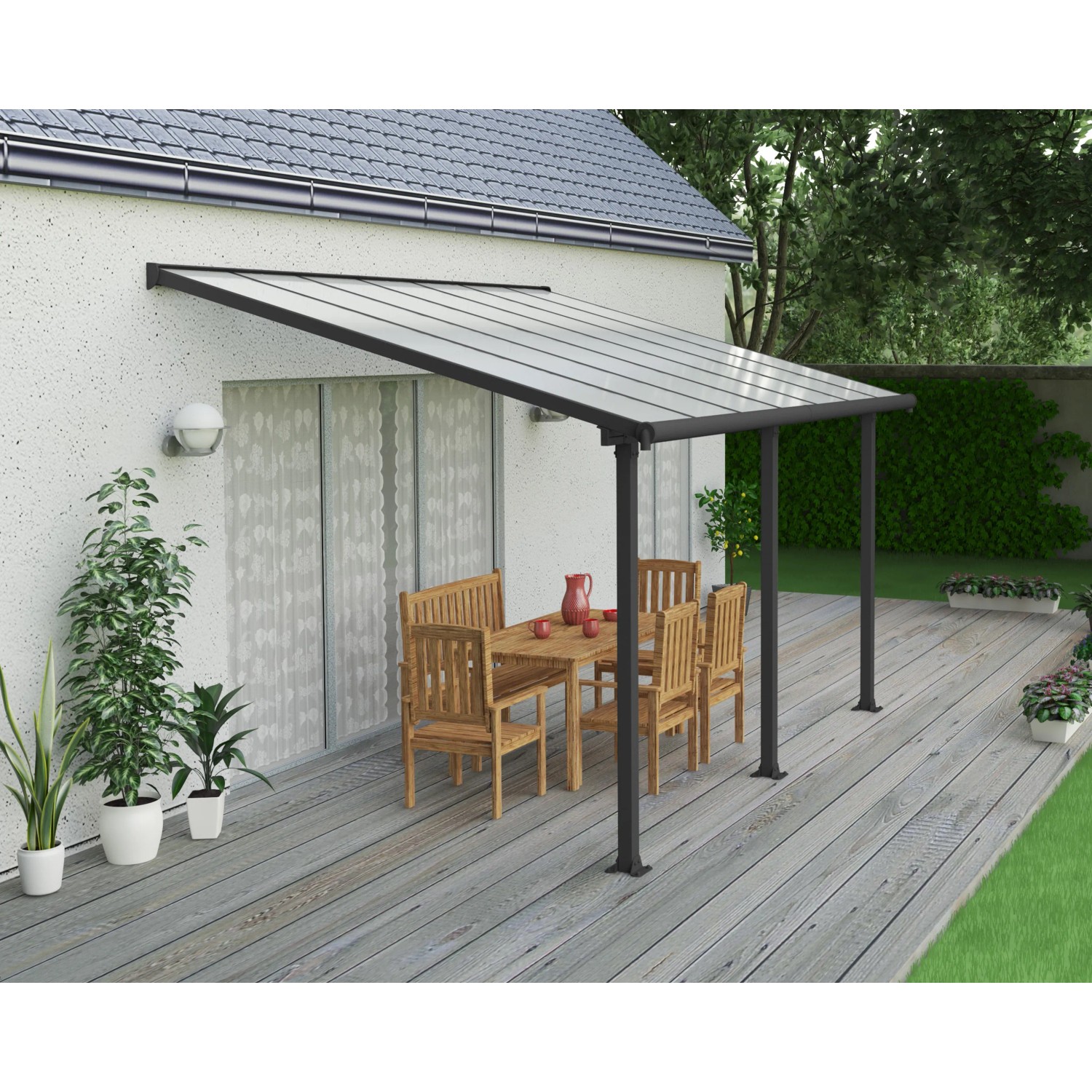 Moderne Palram Olympia Terrassenüberdachung 3x4.3 in Anthrazit mit klarem Dach und Sitzgruppe auf Terrasse.