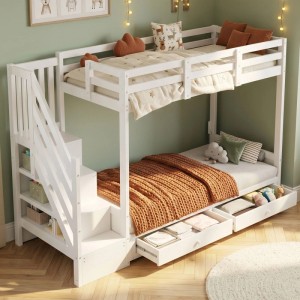 Weißes Merax Etagenbett 90x200cm mit Treppe, integriertem Stauraum und zwei Schubladen. Ideal für Kinderzimmer.