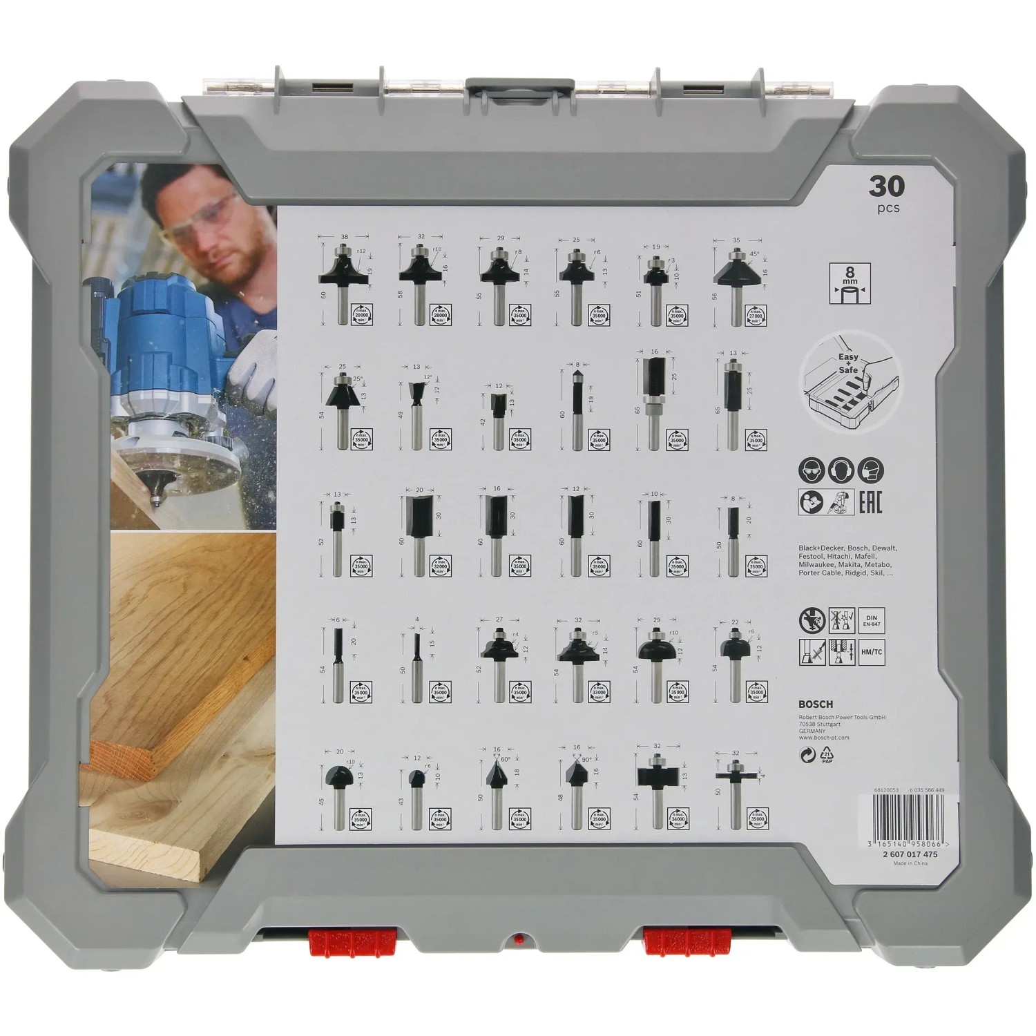 Bosch Fräser-Set, 30-teilig, 8 mm Schaft, in grauer Aufbewahrungsbox mit Klarsichtdeckel.