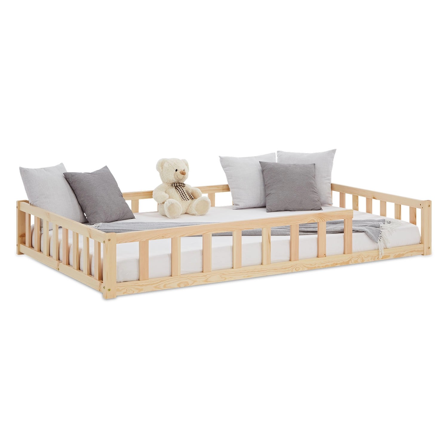 Homestyle4u Kinderbett Natur mit Rausfallschutz 120x200 cm Bodenbett Latten günstig online kaufen