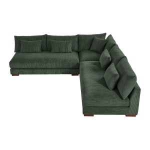 Modernes grünes Ecksofa Sperone aus Samt-Kordel, 6-Sitzer, mit vielen Kissen und Holzfüßen.