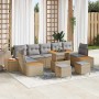 Beiges 10-tlg. Garten-Sofa-Set aus Poly Rattan von vidaXL mit Tisch und Kissen.