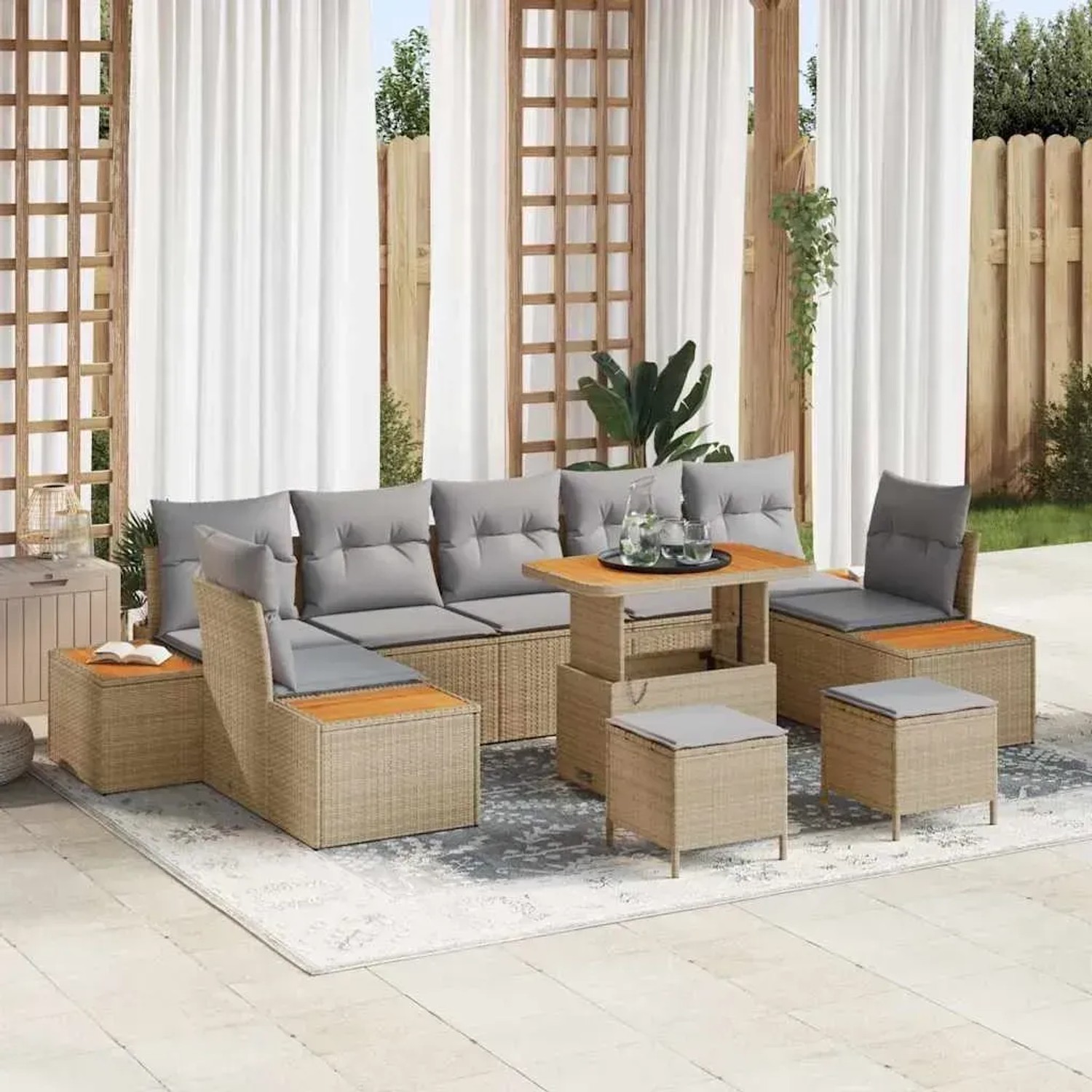 Beiges 10-tlg. Garten-Sofa-Set aus Poly Rattan von vidaXL mit Tisch und Kissen.