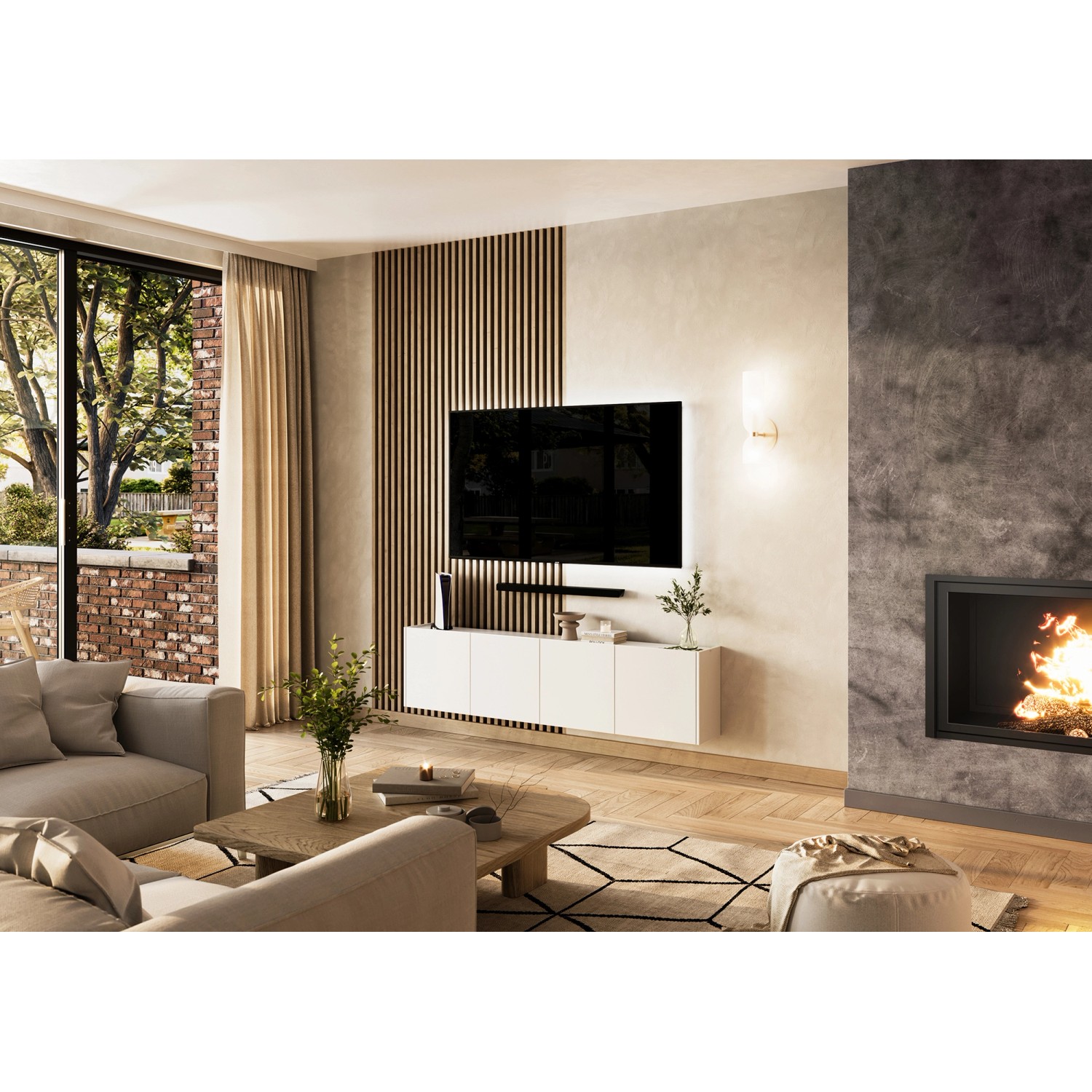 Weißer Germania Mehrzweckschrank (183x45x25cm) im Wohnzimmer mit TV und Kamin.