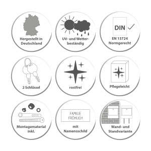 Features des Banjado Briefkasten: hergestellt in Deutschland, UV- und Wetterbeständig, DIN Norm, 2 Schlüssel, Rostfrei, Pflegeleicht, Montagematerial, Namensschild, Wand- und Standvariante.