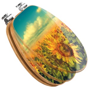 Banjado WC-Sitz aus Bambus mit Sonnenblumen-Motiv und Absenkautomatik.