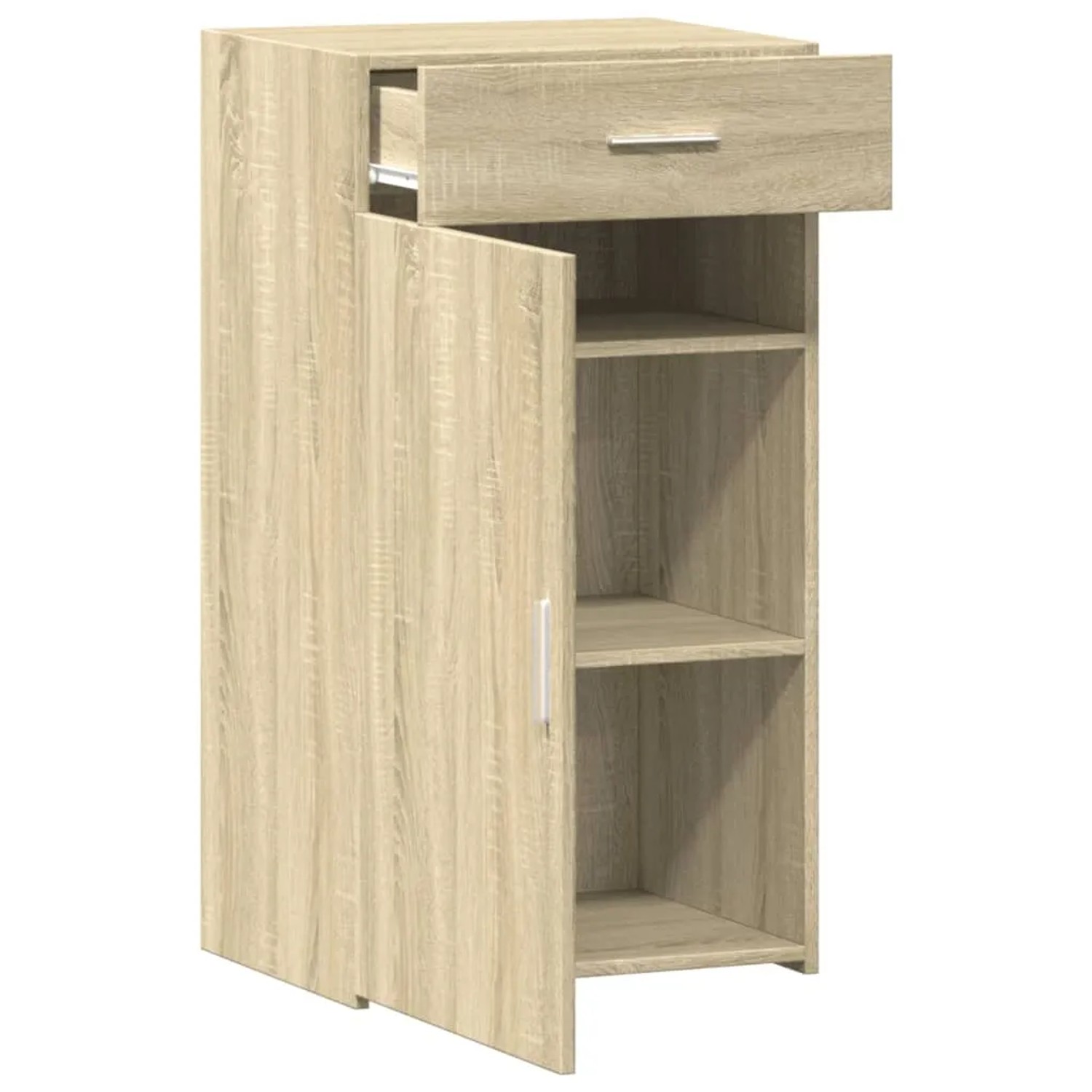 vidaXL Sideboard Sonoma-Eiche aus Holzwerkstoff mit offener Schublade und Tür, dahinter Regale.