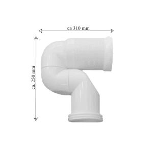 Weißer S-Siphon für Stand-WC, kürzbar, senkrechter Abgang, ca. 310x250mm. Kunststoff S-Anschluss.