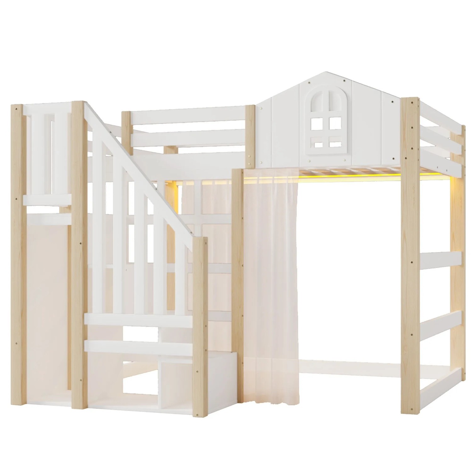 okwish Hochbett 140x200cm mit Fensterform LED und Staufach Weiß Natur ohne Matratze