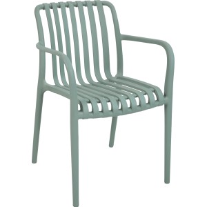 Grüner Stapelstuhl Merrydale aus Kunststoff mit Armlehnen für Garten oder Terrasse.