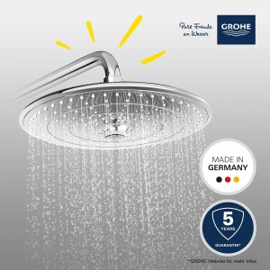 Grohe QuickFix Vitalio Joy 260 Kopfbrause, chrom, mit drei Strahlarten im Betrieb.