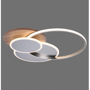 Moderne LED-Deckenleuchte Palma mit Holzdekor und silberfarbenen Ringen, dimmbar und farbsteuerbar.