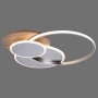 Moderne LED-Deckenleuchte Palma mit Holzdekor und silberfarbenen Ringen, dimmbar und farbsteuerbar.