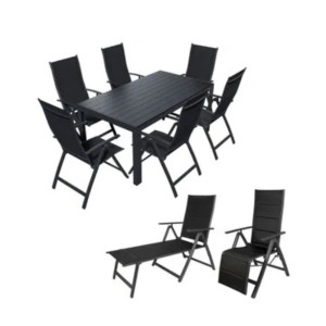 9-teilige Gartensitzgruppe Lex Alu, bestehend aus Tisch, Stühlen und Liegen in Schwarz/Anthrazit.