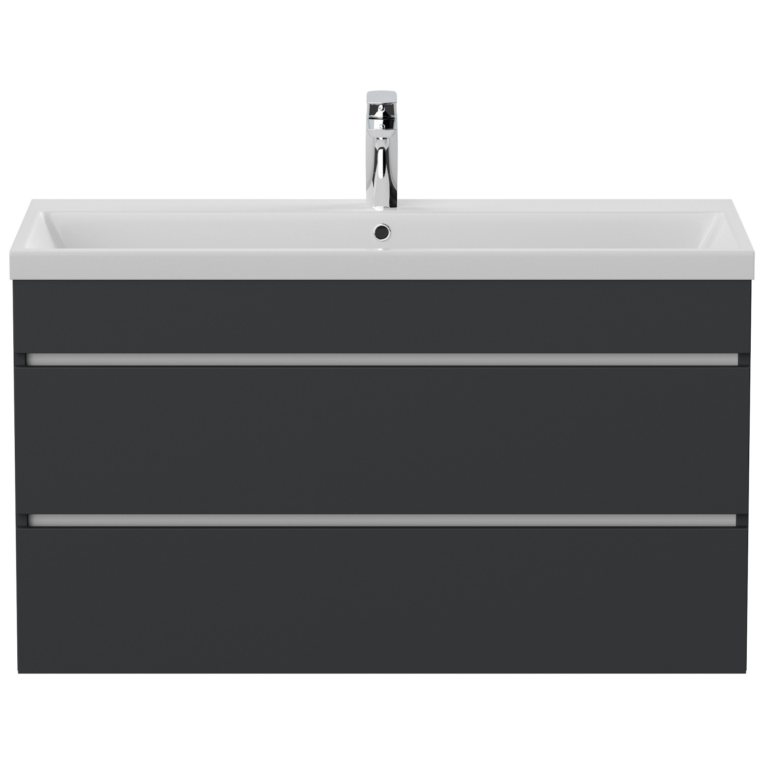 Posseik Badmöbel Fellini 100 in Grafit mit grifflosen Schubladen und Mineralgussbecken.