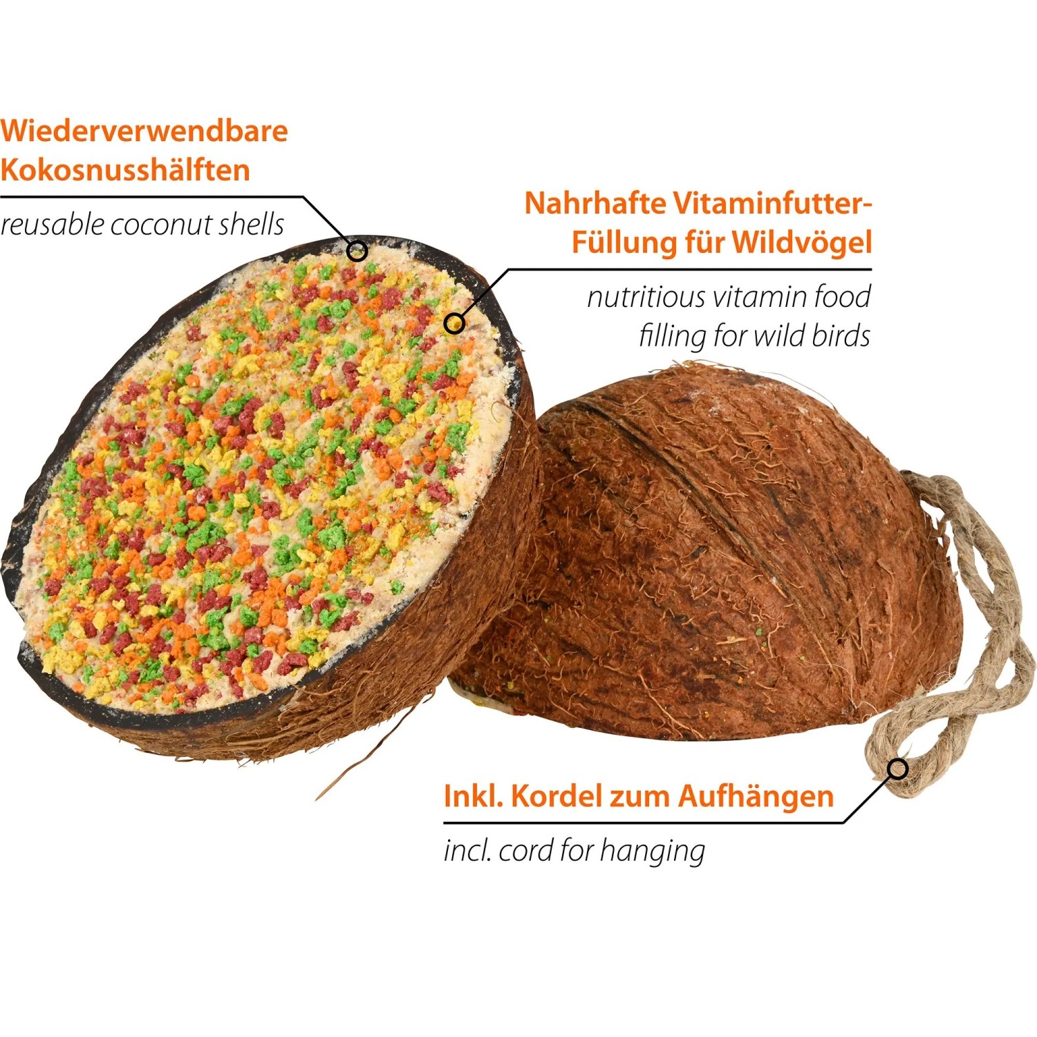 Dobar Vogel-Ergänzungsfutter: Gefüllte Kokosnusshälften für Wildvögel mit Vitaminfutter und Kordel zum Aufhängen.