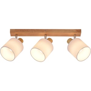 Braune Holz-Deckenleuchte mit drei schwenkbaren Spots und weißen Stoffschirmen.