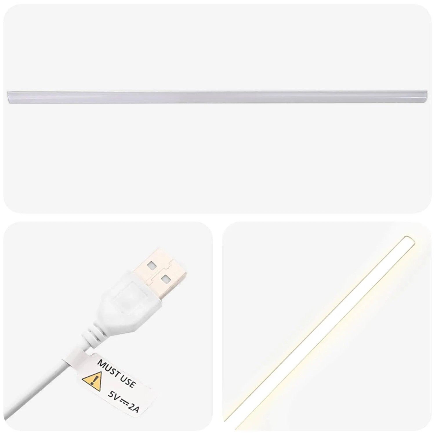 LED-Lichtleiste mit USB-Anschluss und 5V 2A Warnhinweis, leuchtend. Detail für vidaXL Badmöbel-Sets.
