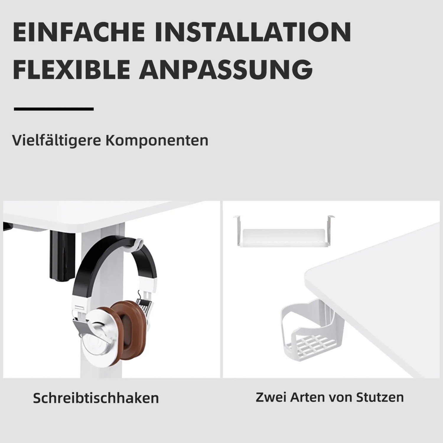 HOMAVO Schreibtisch: Details wie Kopfhörerhaken und Stützen für flexible Anpassung.