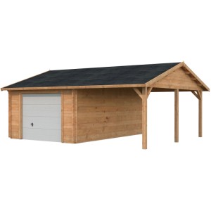 Hellbraune Palmako Garage Roger mit Sektionaltor und Carport aus Holz.