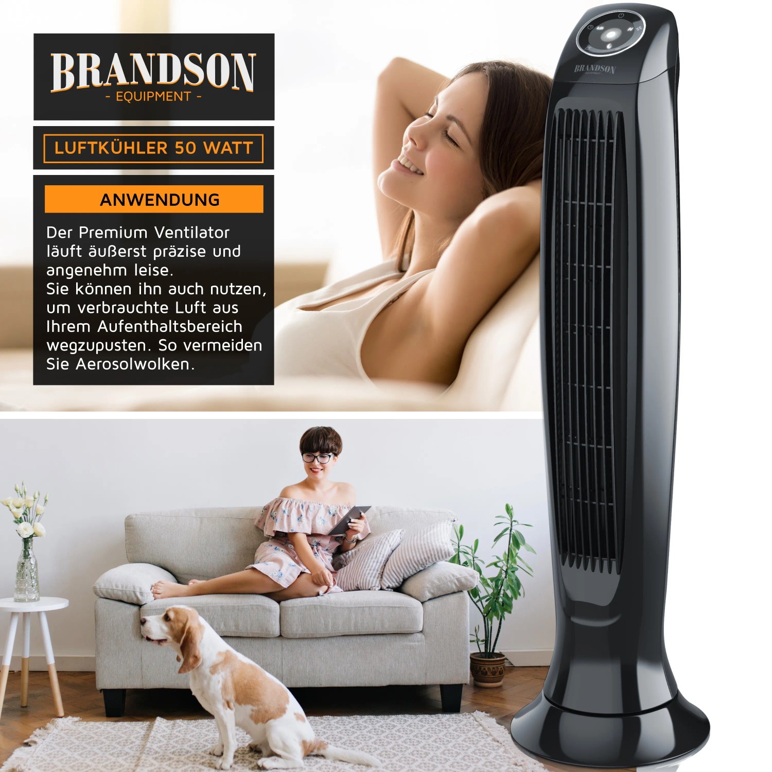 Schwarzer Brandson Turmventilator mit Fernbedienung in Wohnumgebung.